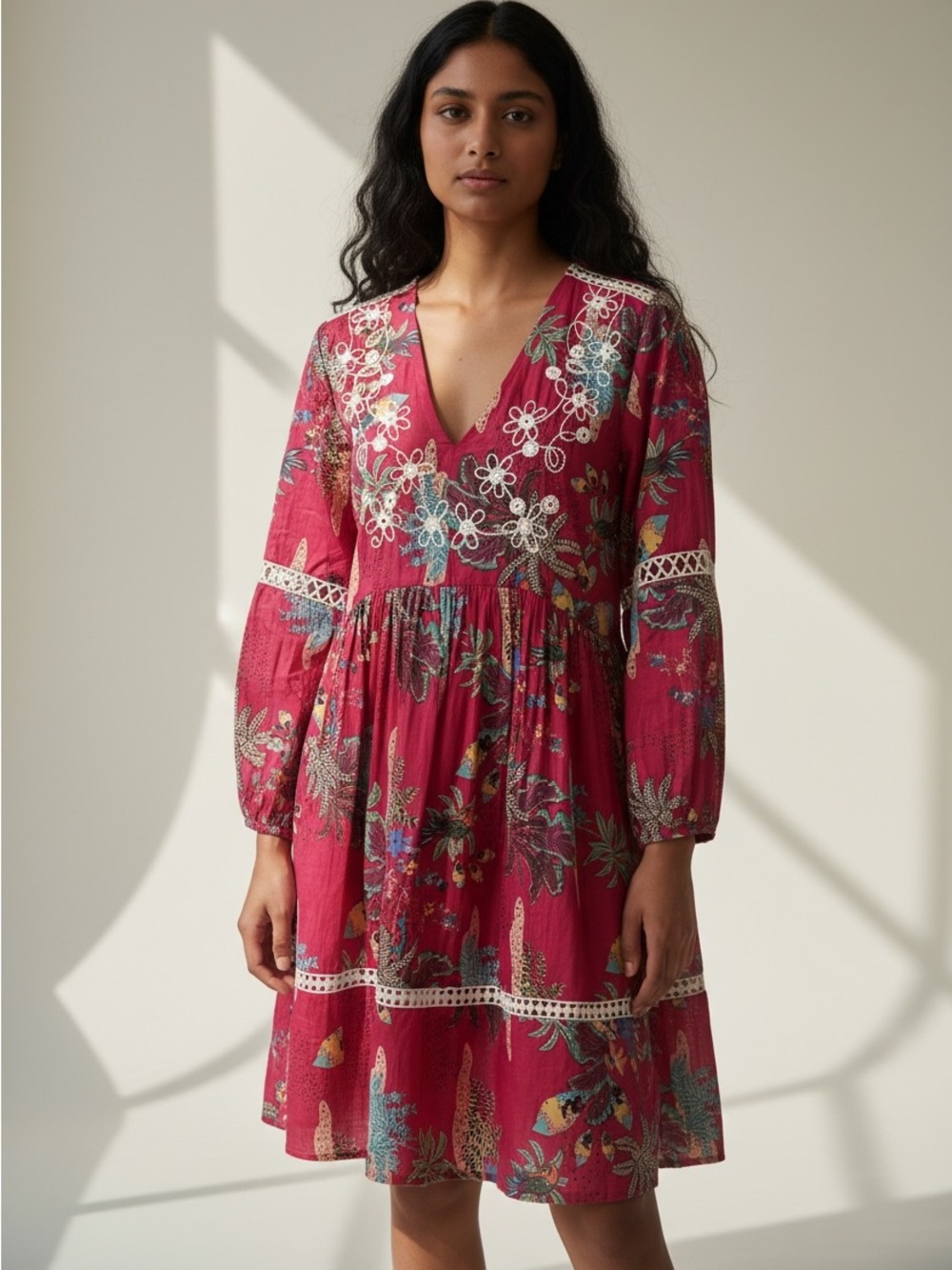 Tropical Print Embroidered Dress